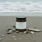 Jar labeled 'Low Tide' on a beach with ocean in the background