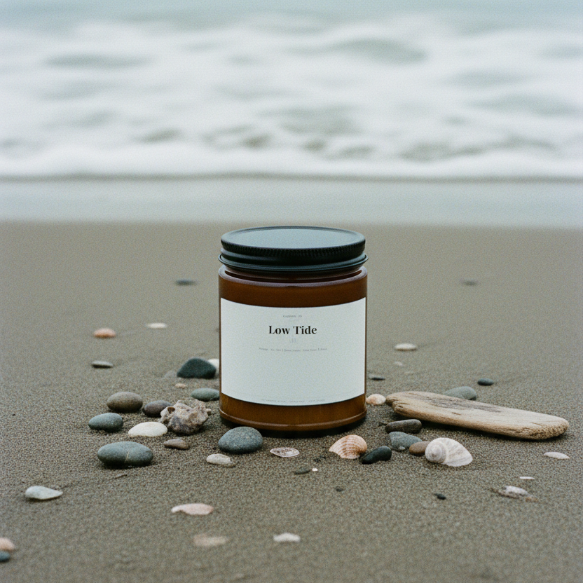 Jar labeled 'Low Tide' on a beach with ocean in the background
