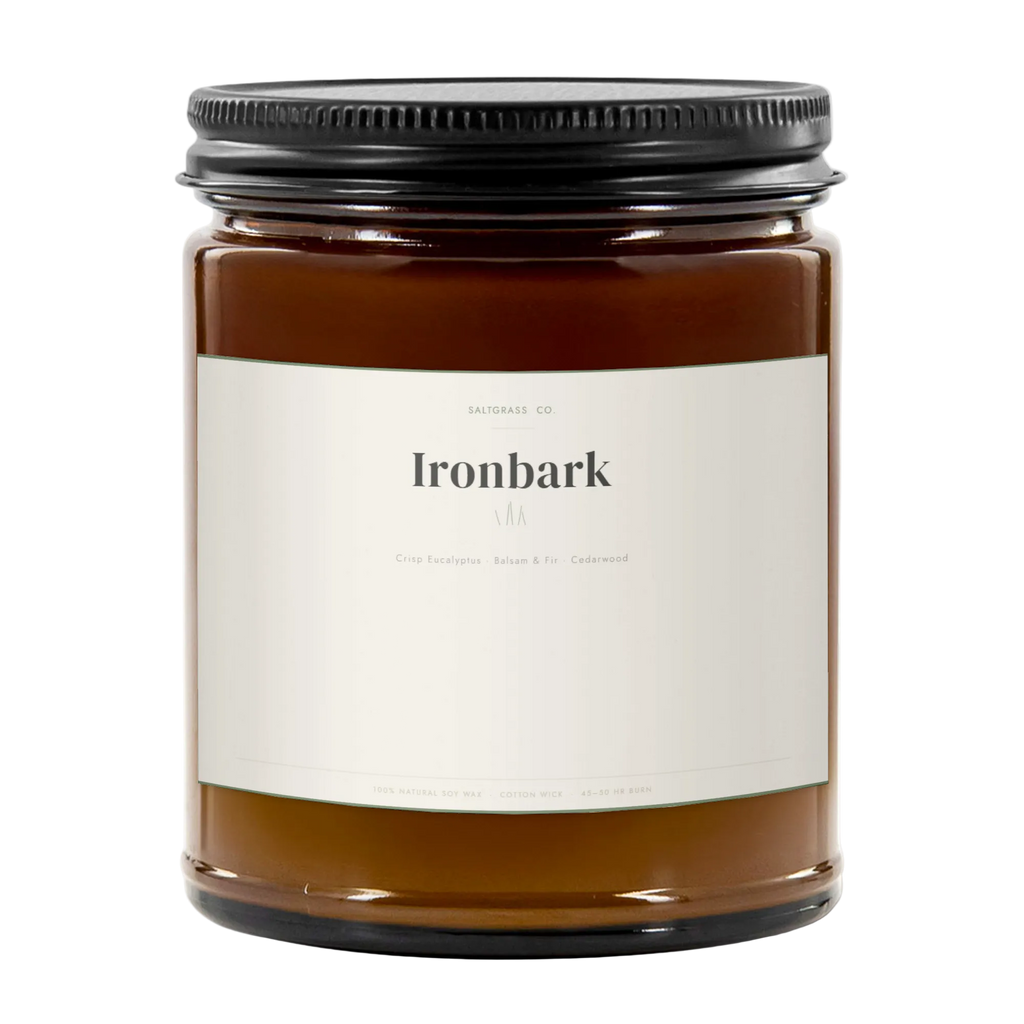 Ironbark woody soy candle jar with lid