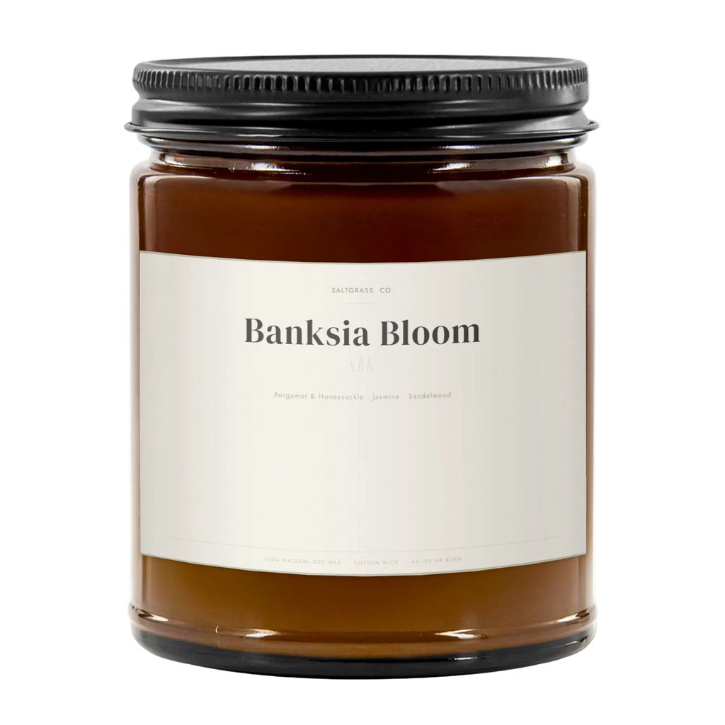 Banksia Bloom floral soy candle jar with lid