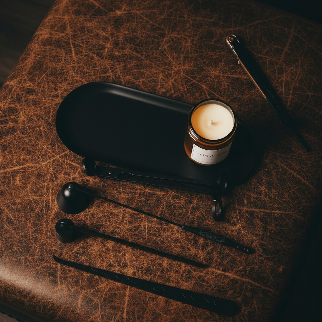 Candle in a jar on a black tray with tools on a textured brown surface